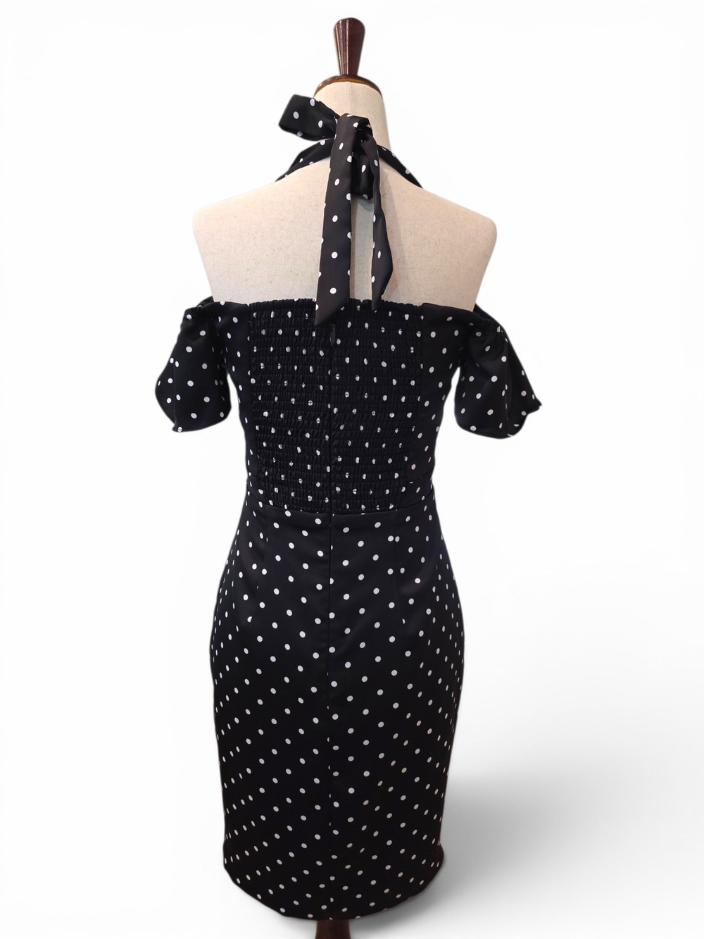 GUESS Black Polka Dot Mini Dress Vintage Style Sweetheart Cutout Bodycon XS - Picture 3 of 6